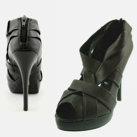 INC Black Leather Marona Open Toe Strappy Platform Heels Shoes - Picture 4 of 5